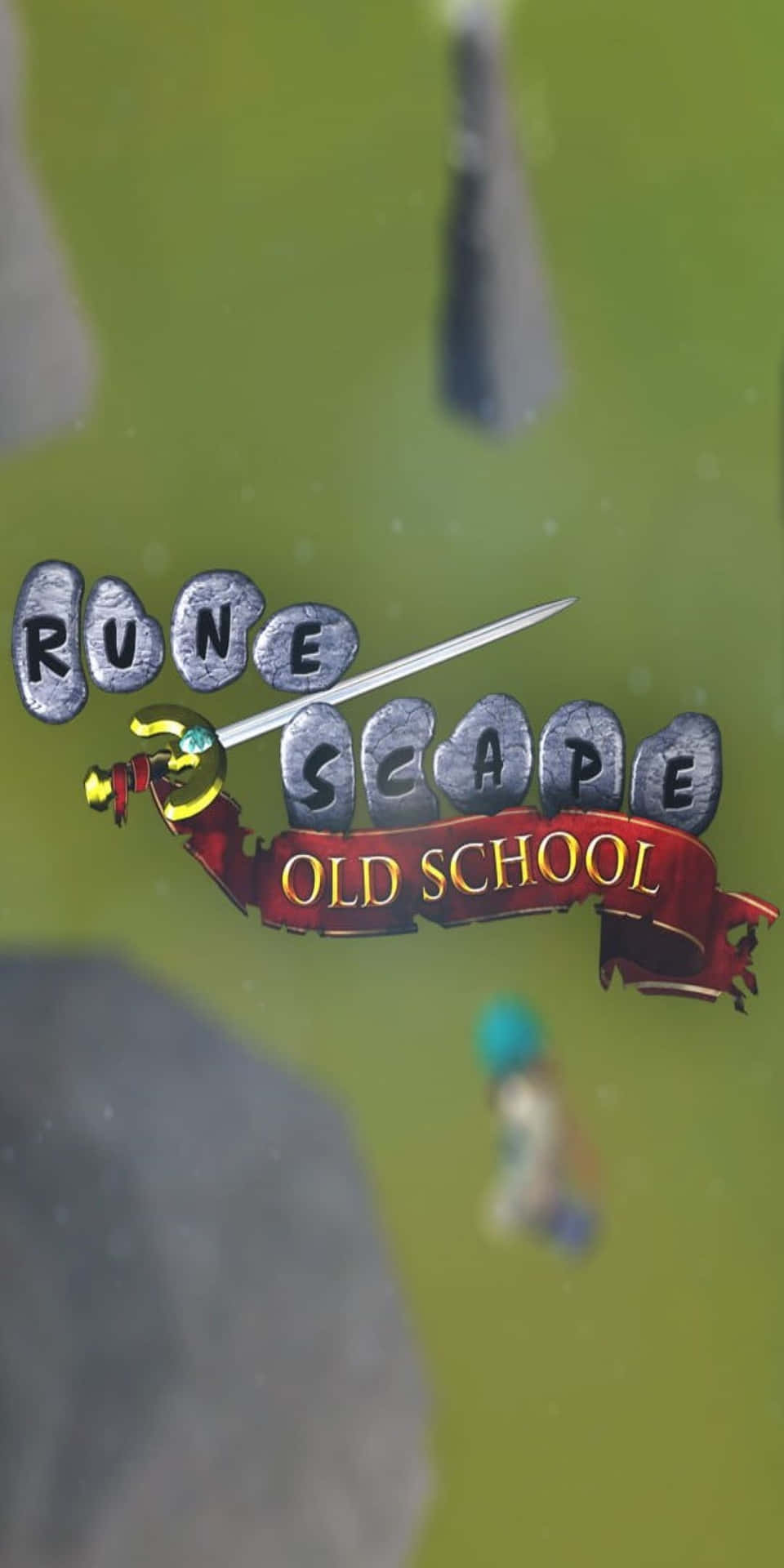 RuneScape Old School 遊戲標誌，劍穿過石頭字母，背景有一個角色。