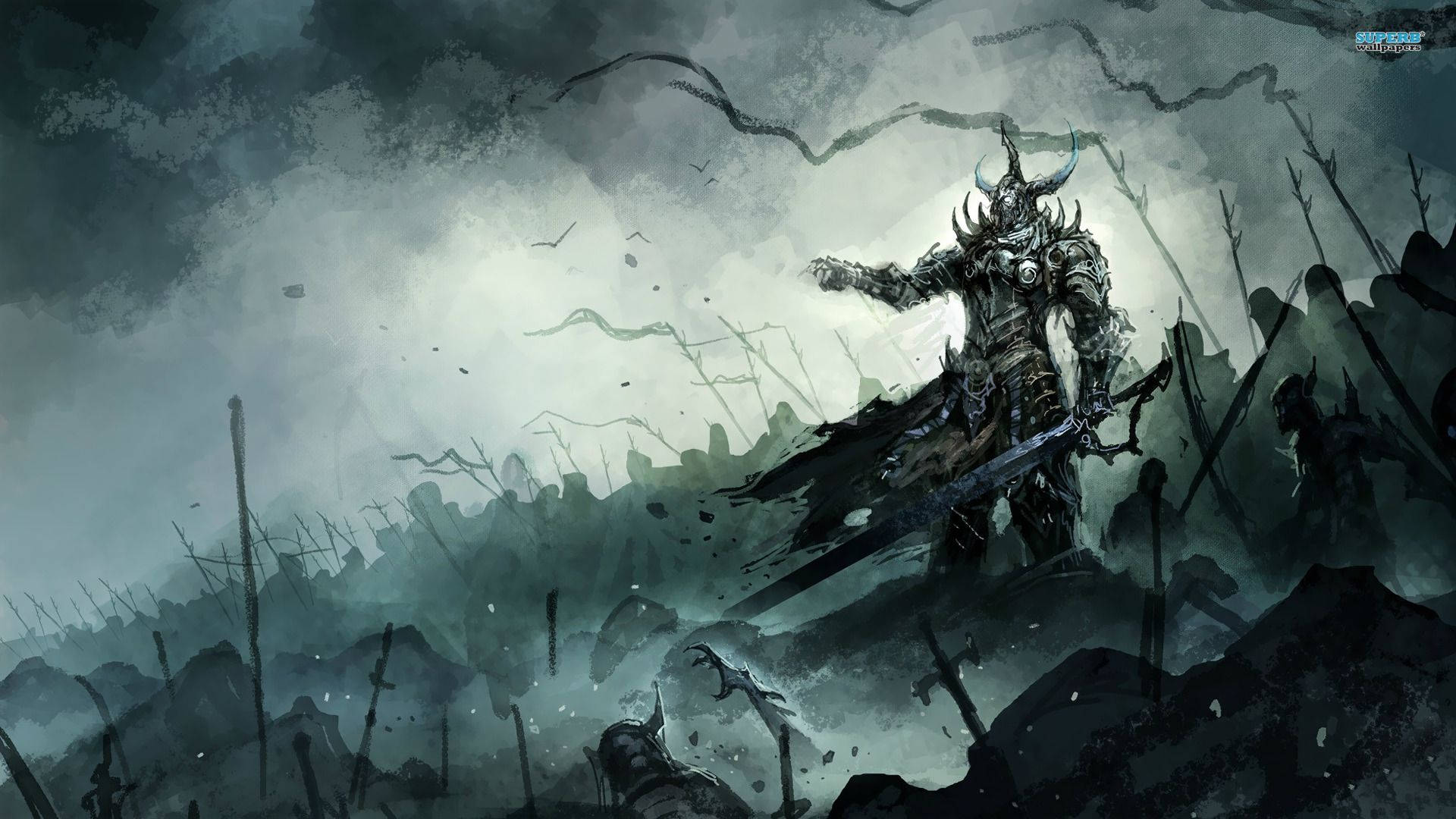 經典獨行戰士海報 壁紙 — 一個黑暗裝甲戰士，頭上有角，手持巨劍，站在佈滿斷矛和頭骨的戰場上，天空灰暗風暴來臨。