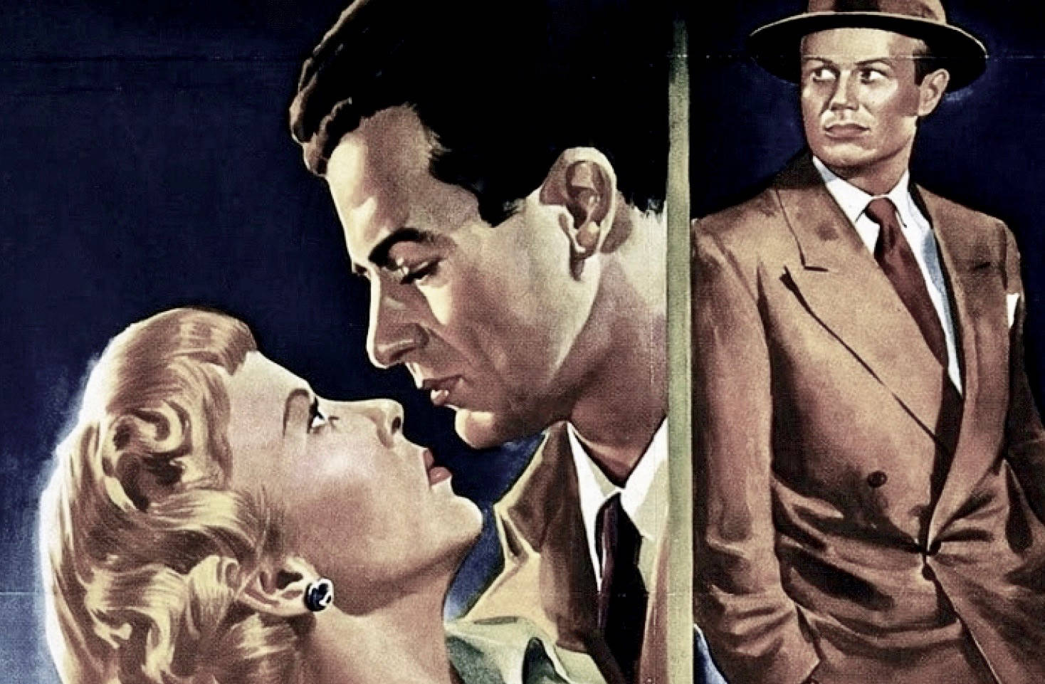 經典理查德·威德馬克在電影《Road House》中的劇照 壁紙 — 復古插圖分割場景，一邊顯示一男一女即將接吻，另一邊顯示一個穿西裝戴帽子的男人看向別處。
