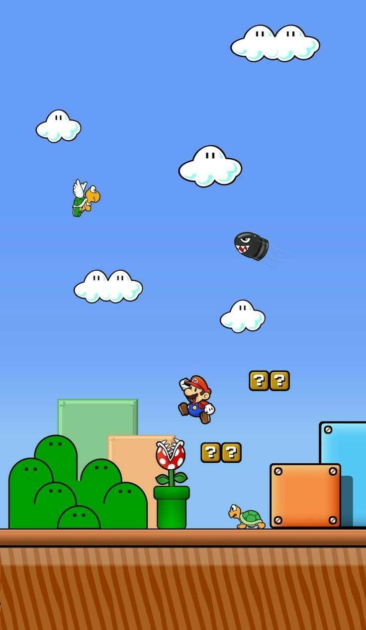 Mushroom Kingdom 桌布 壁紙 — 經典瑪利歐在藍天白雲下，與栗子仔和食人花一起在平台上跳躍。