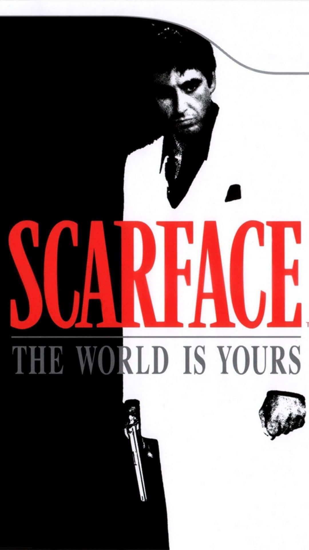 Scarface電影海報，白色西裝男子持槍，紅色文字。