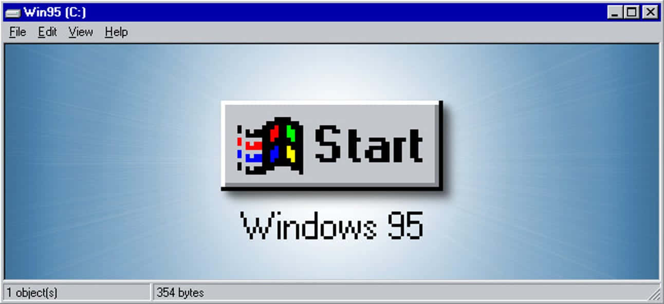 經典的 Microsoft Windows 95 桌面 壁紙 — 經典 Windows 95 開始按鈕，帶有彩色標誌，居中於藍色漸變桌面。