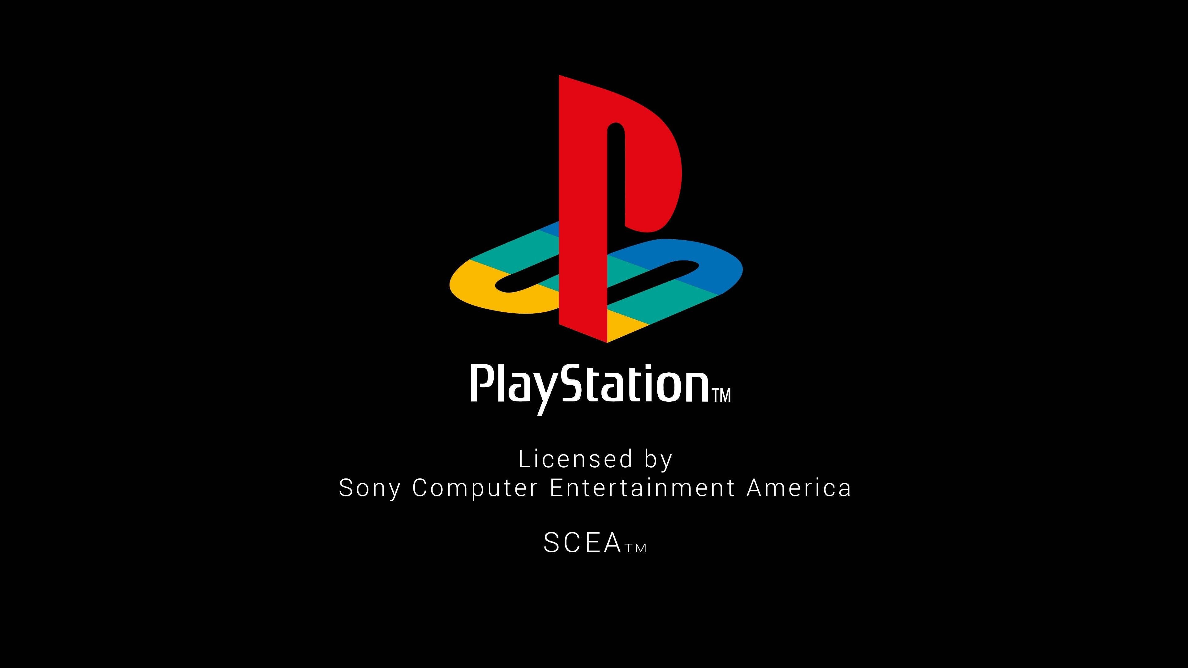 3D 桌布 壁紙 — 經典的 PlayStation 標誌以紅、藍、黃色在純黑背景上突出顯示，下方有白色文字。