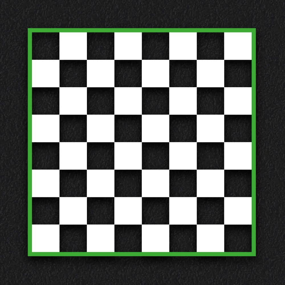 Chessboard 桌布 壁紙 — 經典的棋盤，黑白方格交替排列，鑲嵌在深色紋理表面上的鮮綠色邊框內。