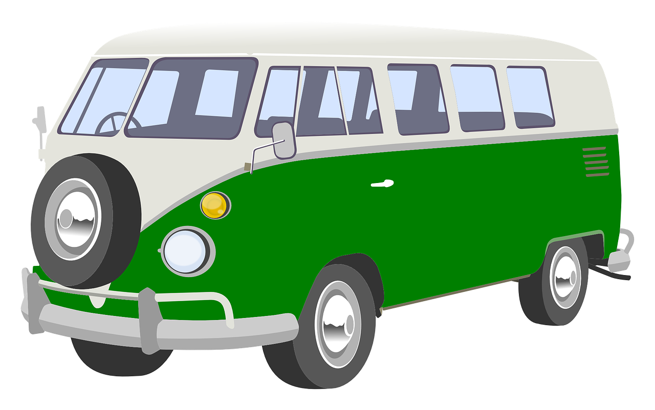 經典福斯露營車插畫 壁紙 — 復古綠色和白色分體窗貨車，前備胎，卡通風格。