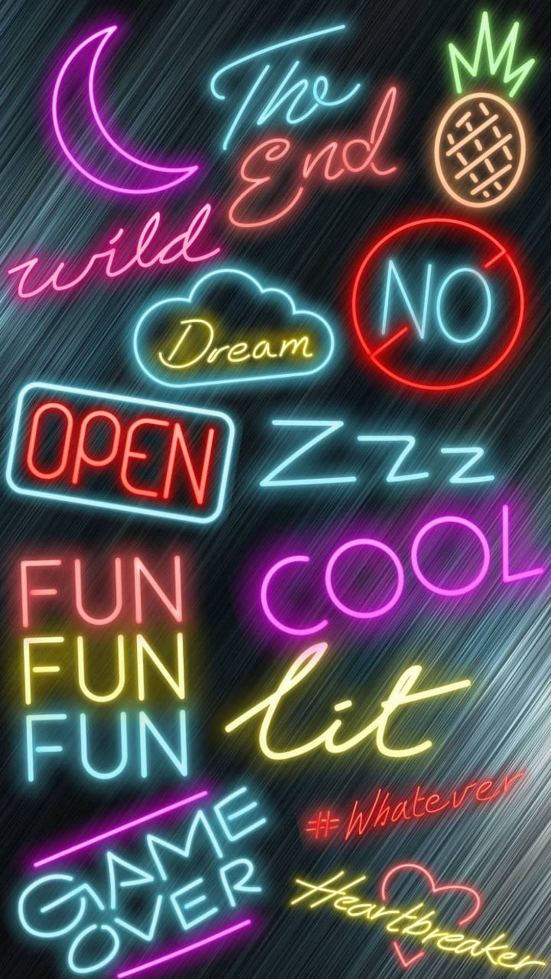 經典符號霓虹手機壁紙 壁紙 — 充滿活力的霓虹燈牌，上面有「fun」、「cool」和「game over」等字樣，在黑暗的雨夜背景中閃耀。