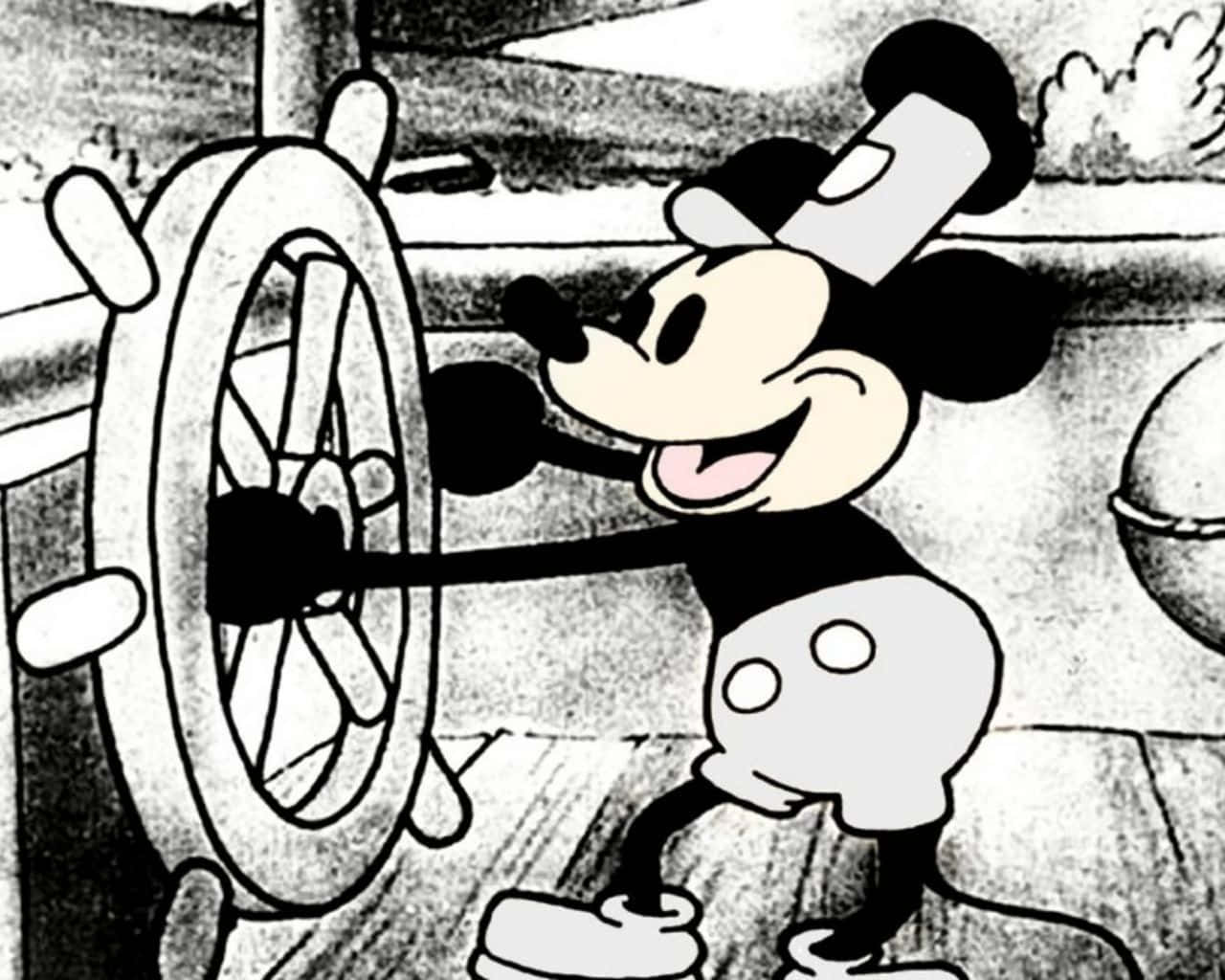 Vintage Cartoon Aesthetic 桌布 壁紙 — 經典米奇老鼠喺復古黑白卡通場景中快樂咁操控船嘅舵輪。