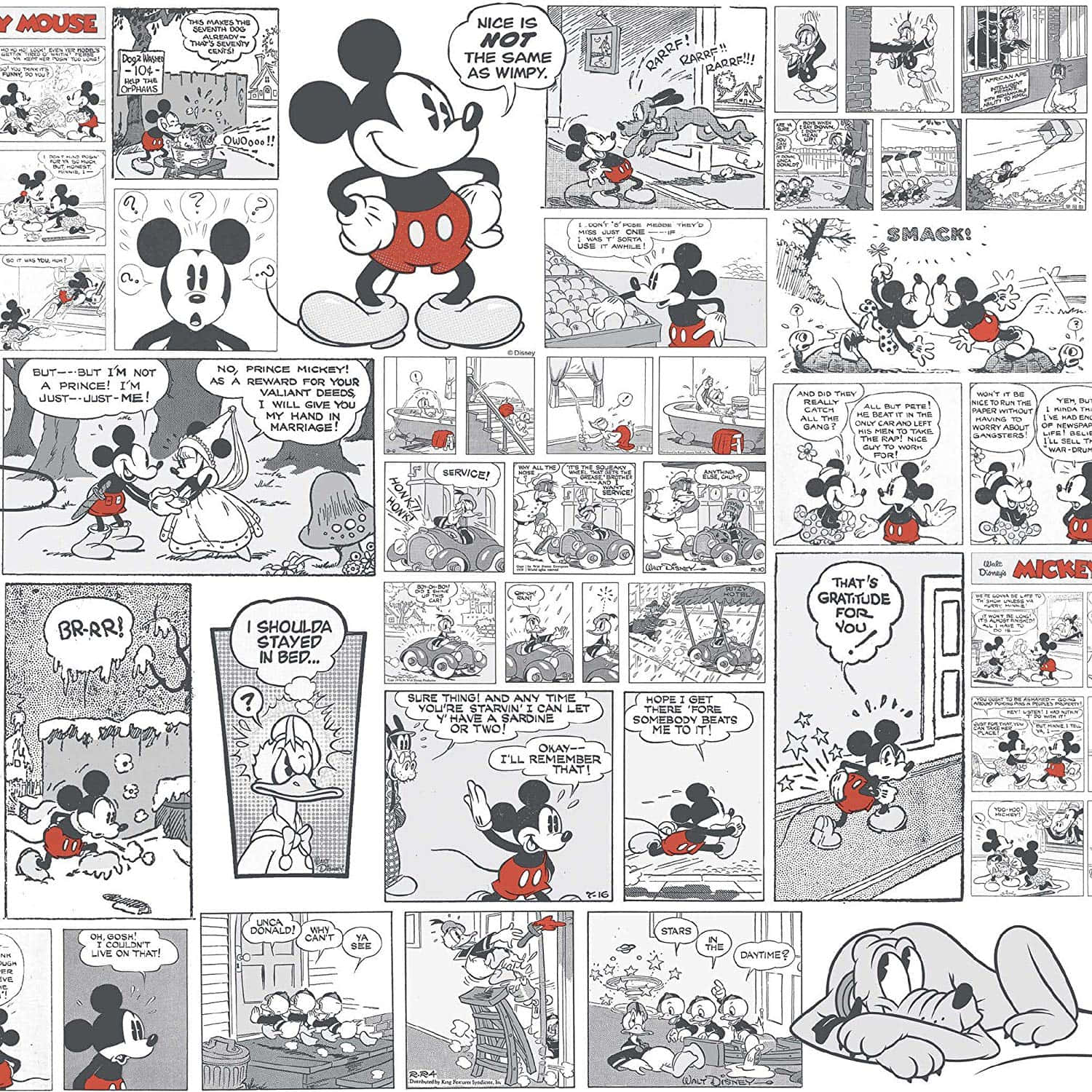 Vintage Cartoon Aesthetic 桌布 壁紙 — 經典米奇老鼠黑白漫畫條，描繪與朋友和敵人在各種場景中的幽默冒險。