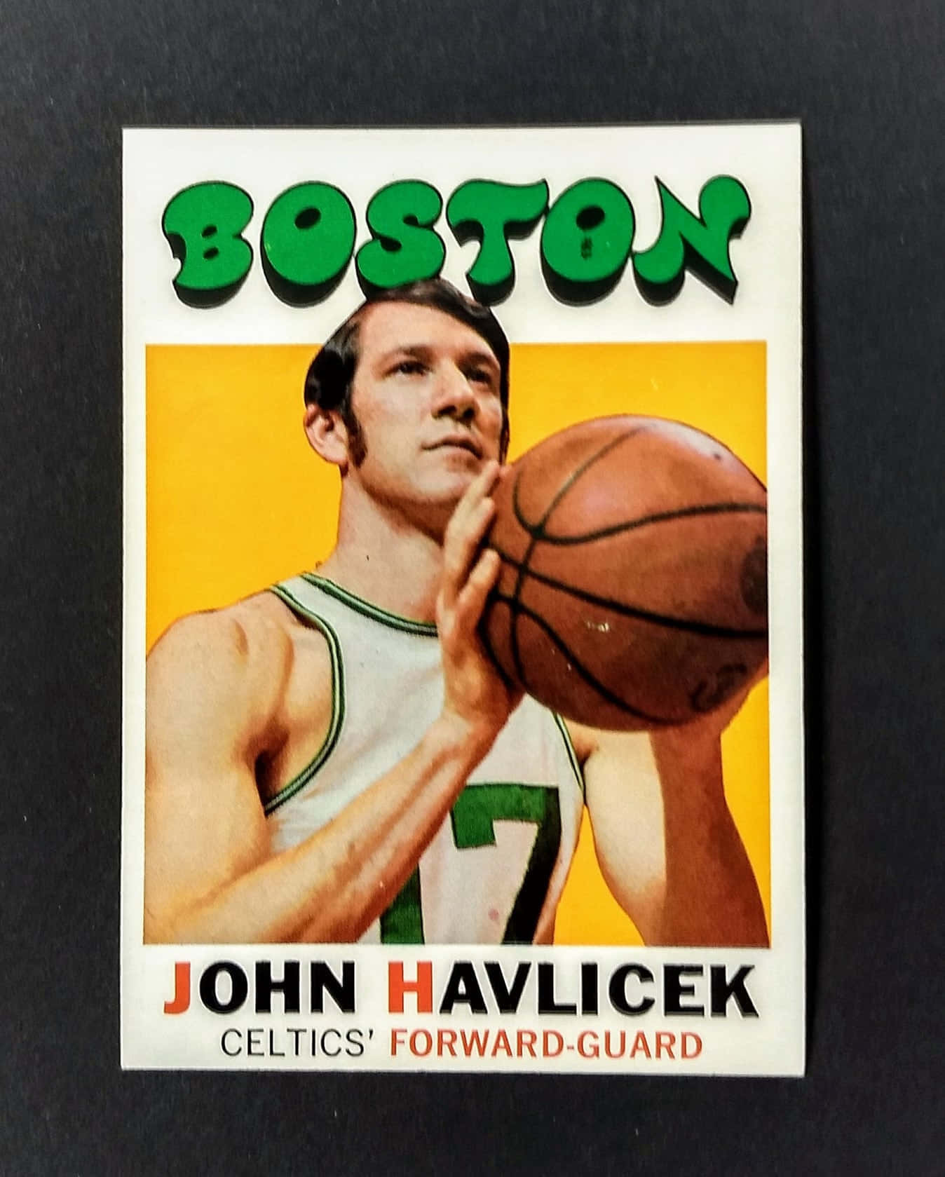 經典約翰·哈維切克籃球海報 壁紙 — 復古籃球卡，John Havlicek 身穿波士頓塞爾特人球衣，在黃色背景前持球。