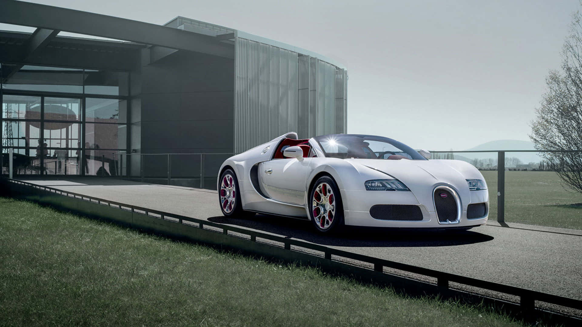 白色Bugatti Veyron跑車停泊在現代建築旁，帶有草坪區域。