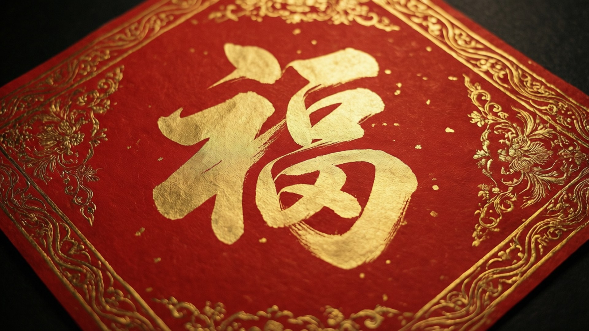 經典紅色春聯 壁紙 — 紅色紙張的特寫，上面有一個大型金色中國字「福」，周圍環繞著華麗的金色圖案。