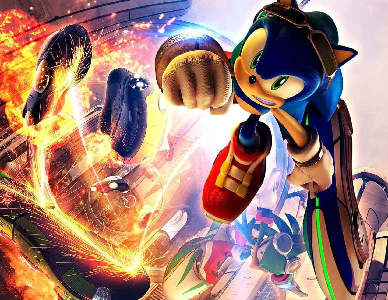 Sonic the Hedgehog 在高速追逐中，火花四濺，未來車輛飛馳。