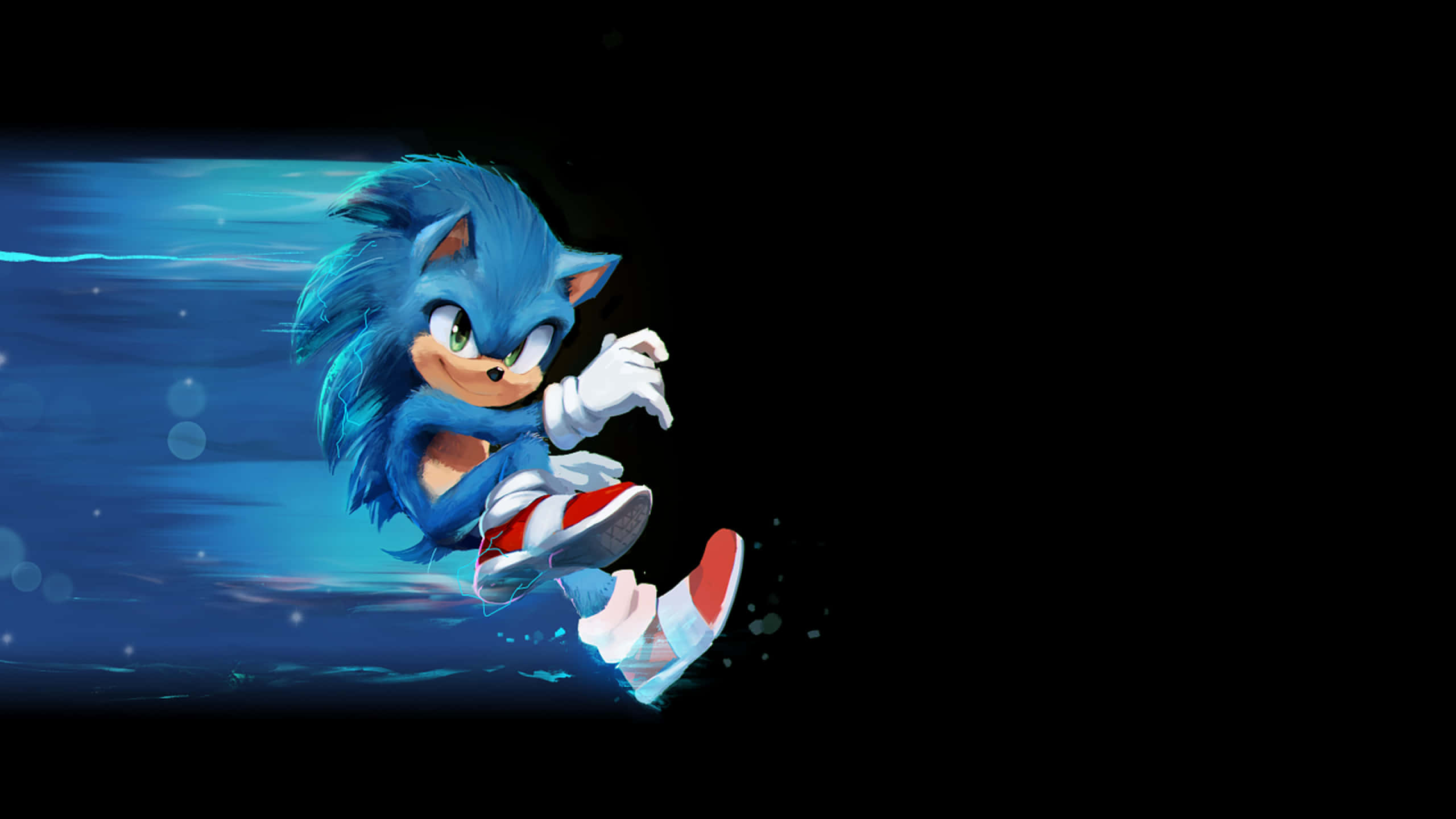 經典索尼克刺猬 壁紙 — Sonic the Hedgehog 喺黑暗背景中穿過發光藍色隧道，帶有動態模糊同火花效果。