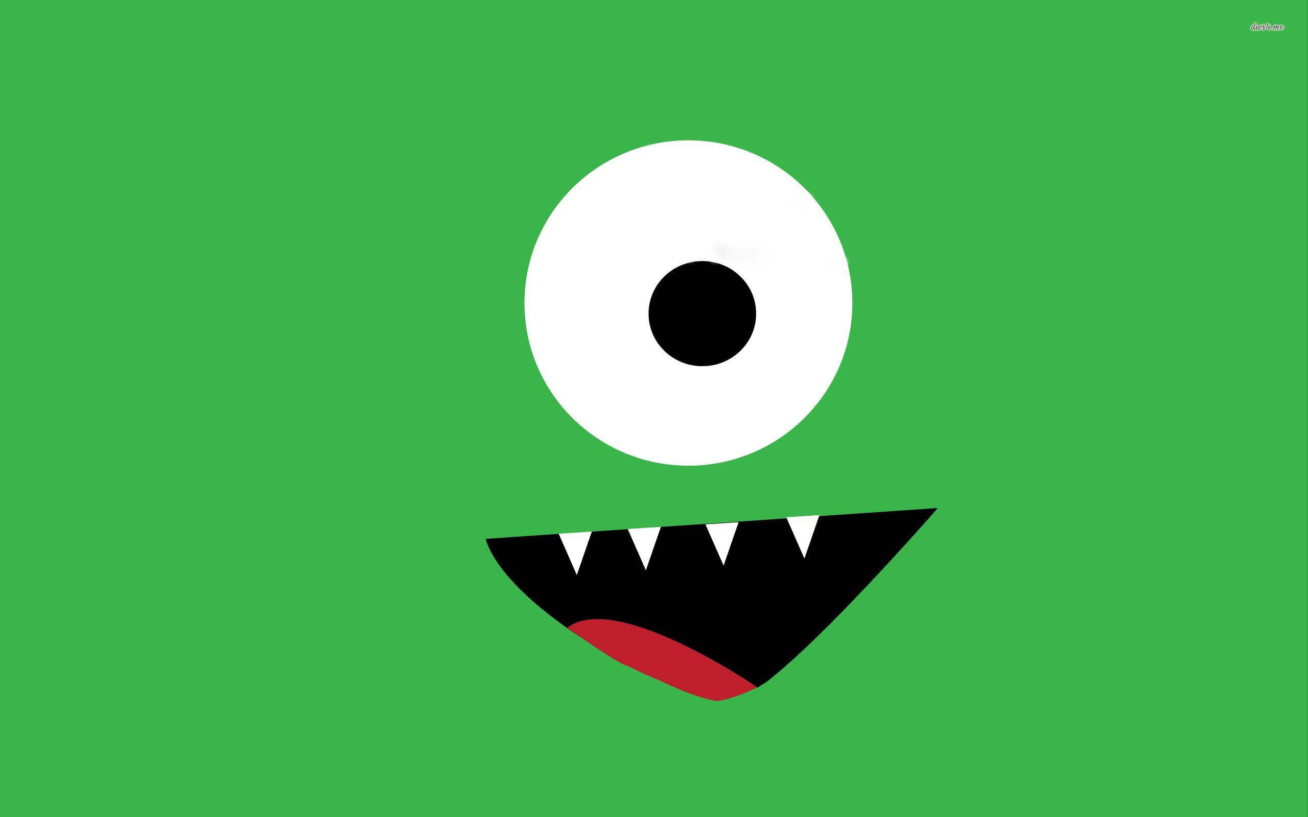 經典綠眼嚇人 Mike Wazowski 壁紙 — 一個極簡風格的綠色怪物，有一隻白色大眼睛和尖銳牙齒，在純綠色背景上微笑。