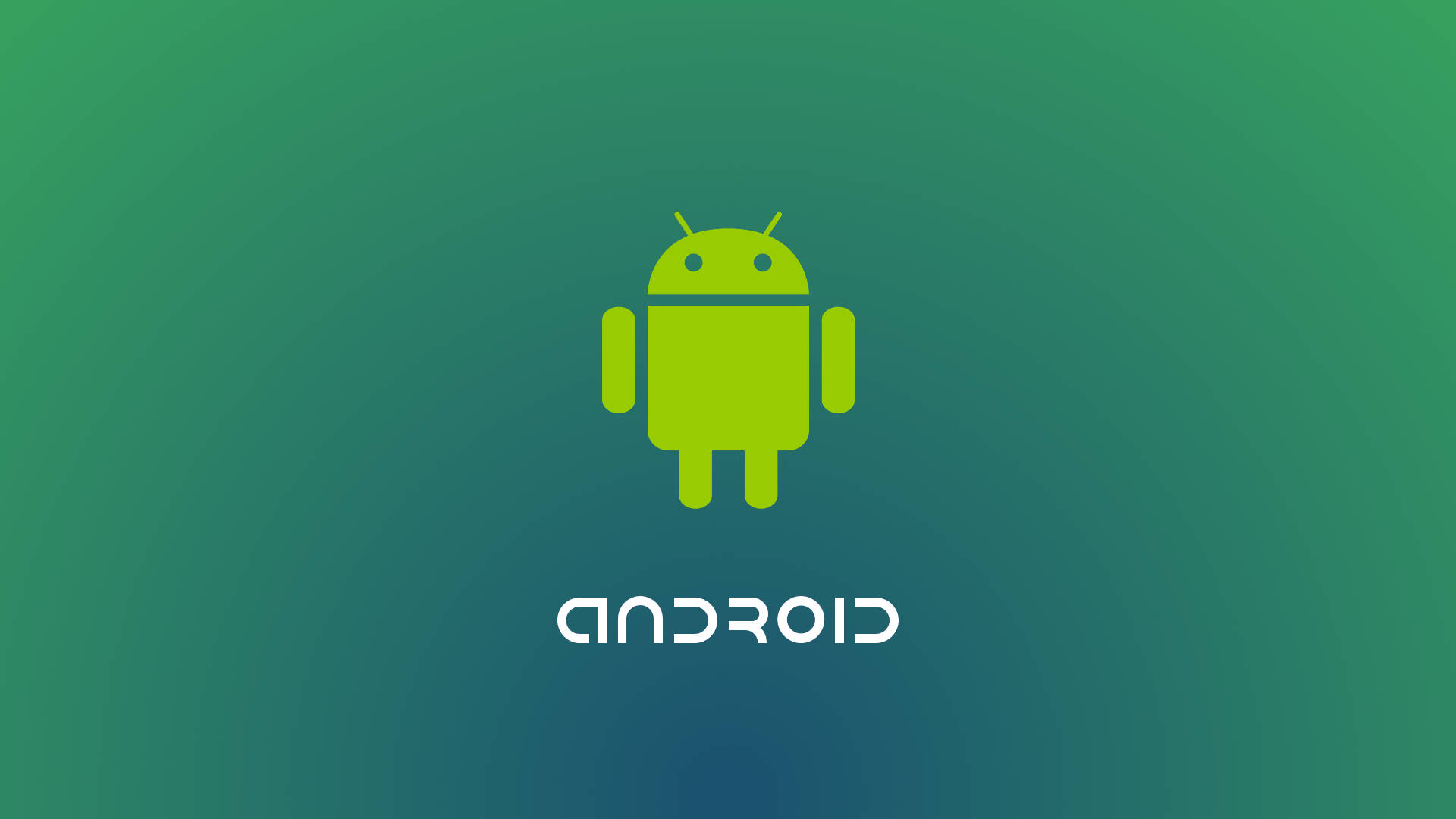 Android機械人標誌在綠色漸變背景上，附有android文字