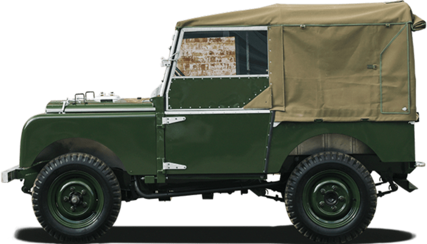 經典綠色路虎系列帆布頂篷車 壁紙 — 一輛復古橄欖綠軍用吉普車，帶帆布頂篷和堅固輪胎，孤立地立在黑色背景前。