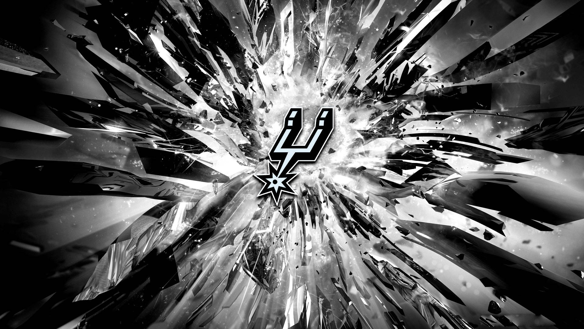 經典聖安東尼奧馬刺隊圖標 壁紙 — 中央的 Spurs 標誌向外放射出動態的黑白碎玻璃爆炸效果。