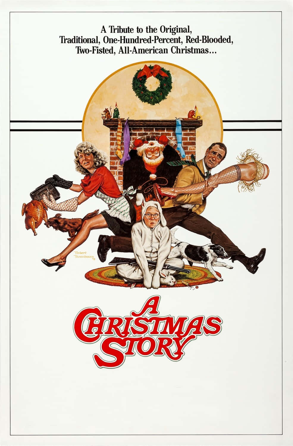 「經典聖誕電影《A Christmas Story》」 壁紙 — 一個混亂的聖誕場景，客廳裡有角色，包括壁爐、花環和一隻狗，全部以復古插圖風格呈現。