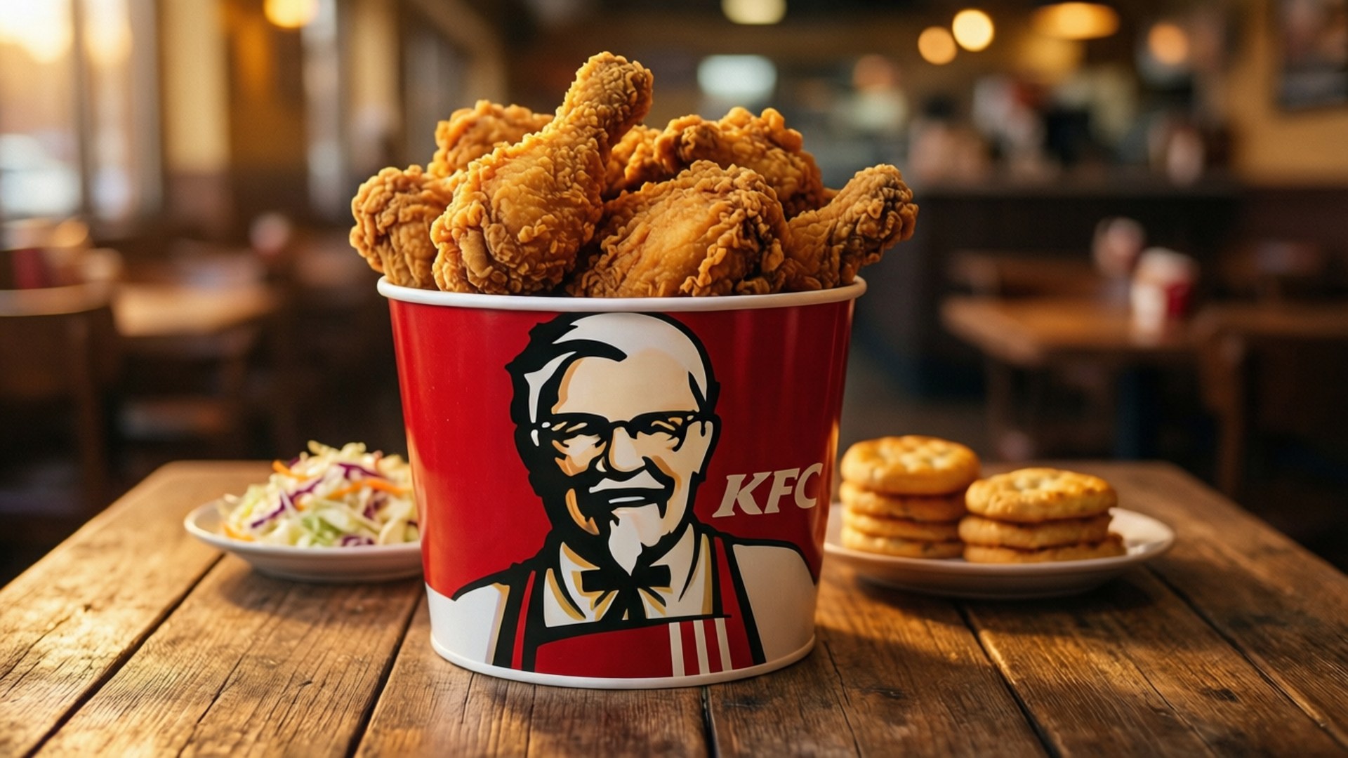 經典肯德基桶 壁紙 — 一個紅色KFC桶裝滿金黃色炸雞，放在木桌上，旁邊有涼拌椰菜絲和餅乾，餐廳燈光溫暖。