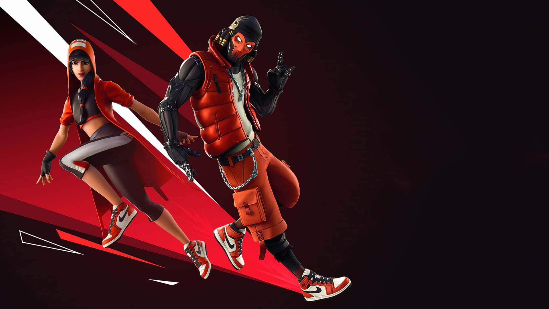 兩個穿著紅色服裝的 Fortnite 角色帶著動態條紋跳躍。