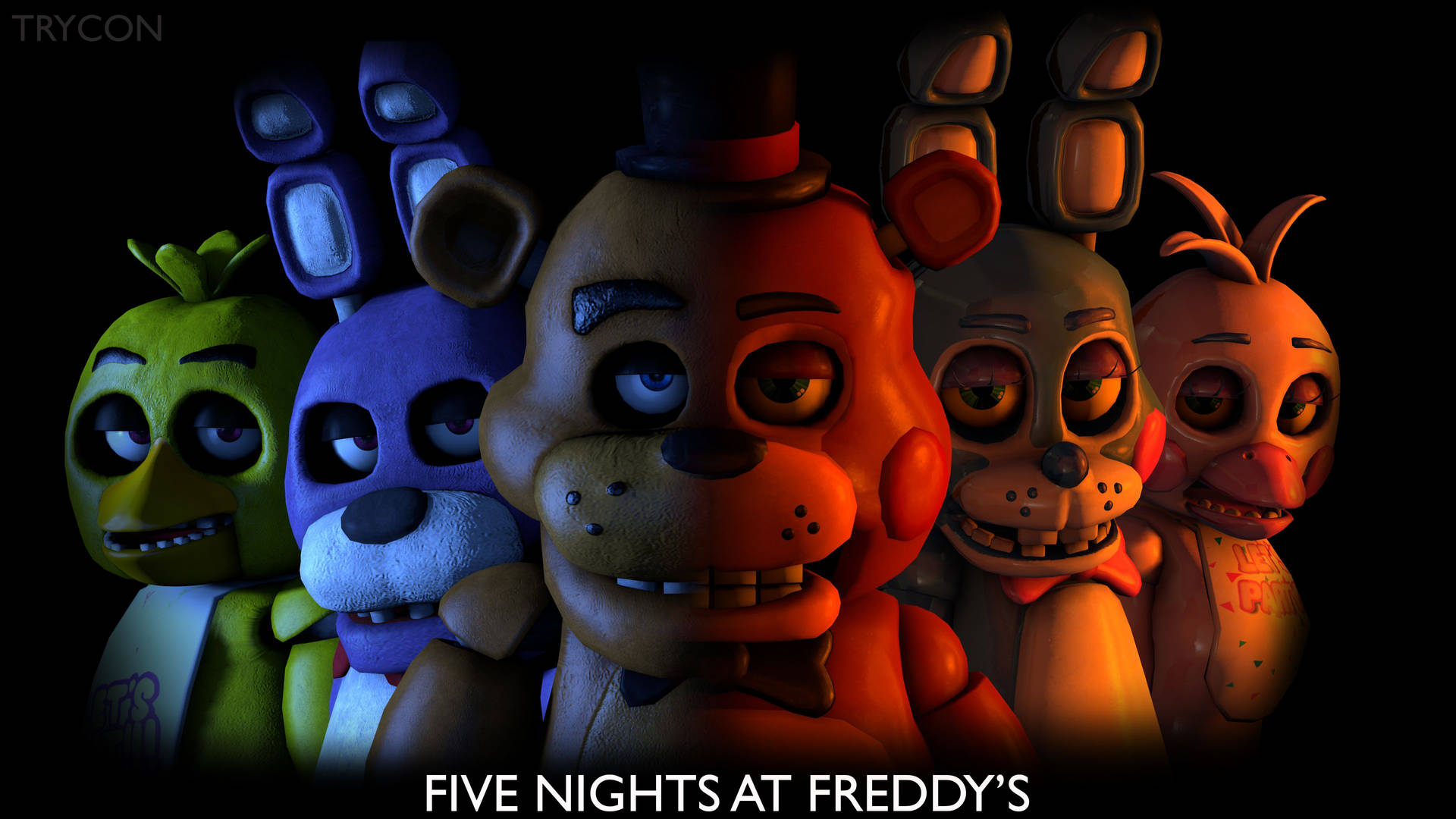 來自《Five Nights at Freddy's》的五個電子動畫角色在戲劇性燈光下排成威脅性的一行。