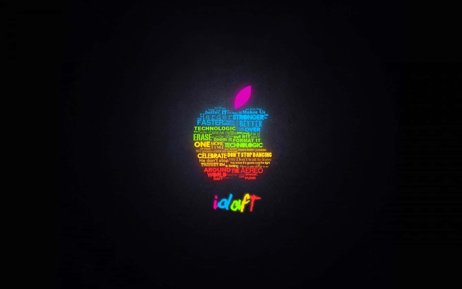 由科技詞彙組成的發光彩虹Apple標誌（黑色背景）