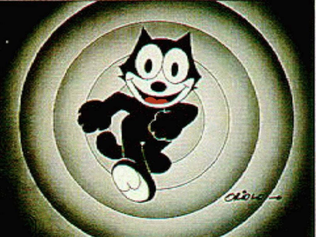 卡通角色 Felix the Cat 在復古黑白動畫中穿過同心圓奔跑。