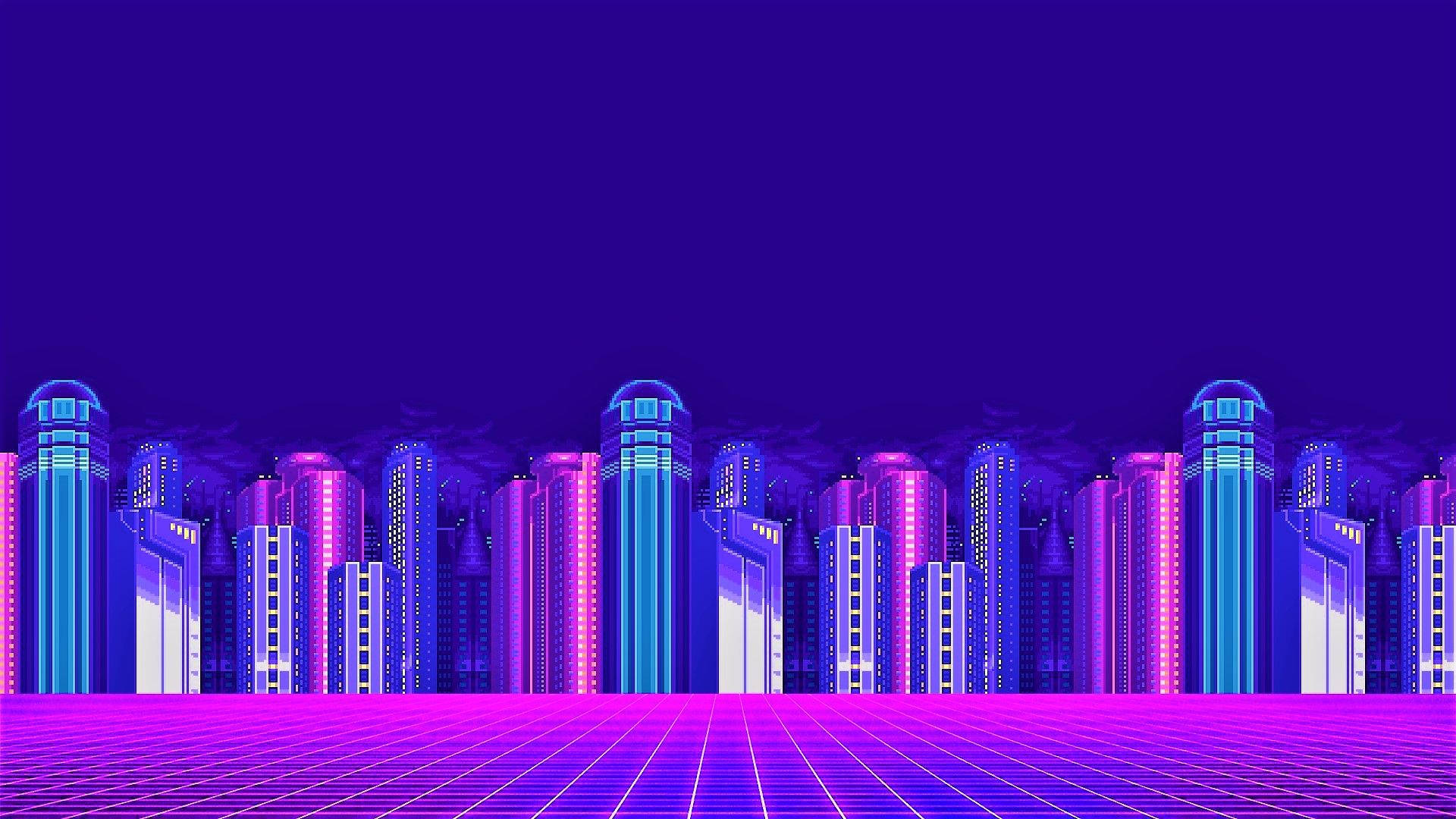 夜晚霓虹燈照亮的未來城市天際線，發光的建築物和網格街道。