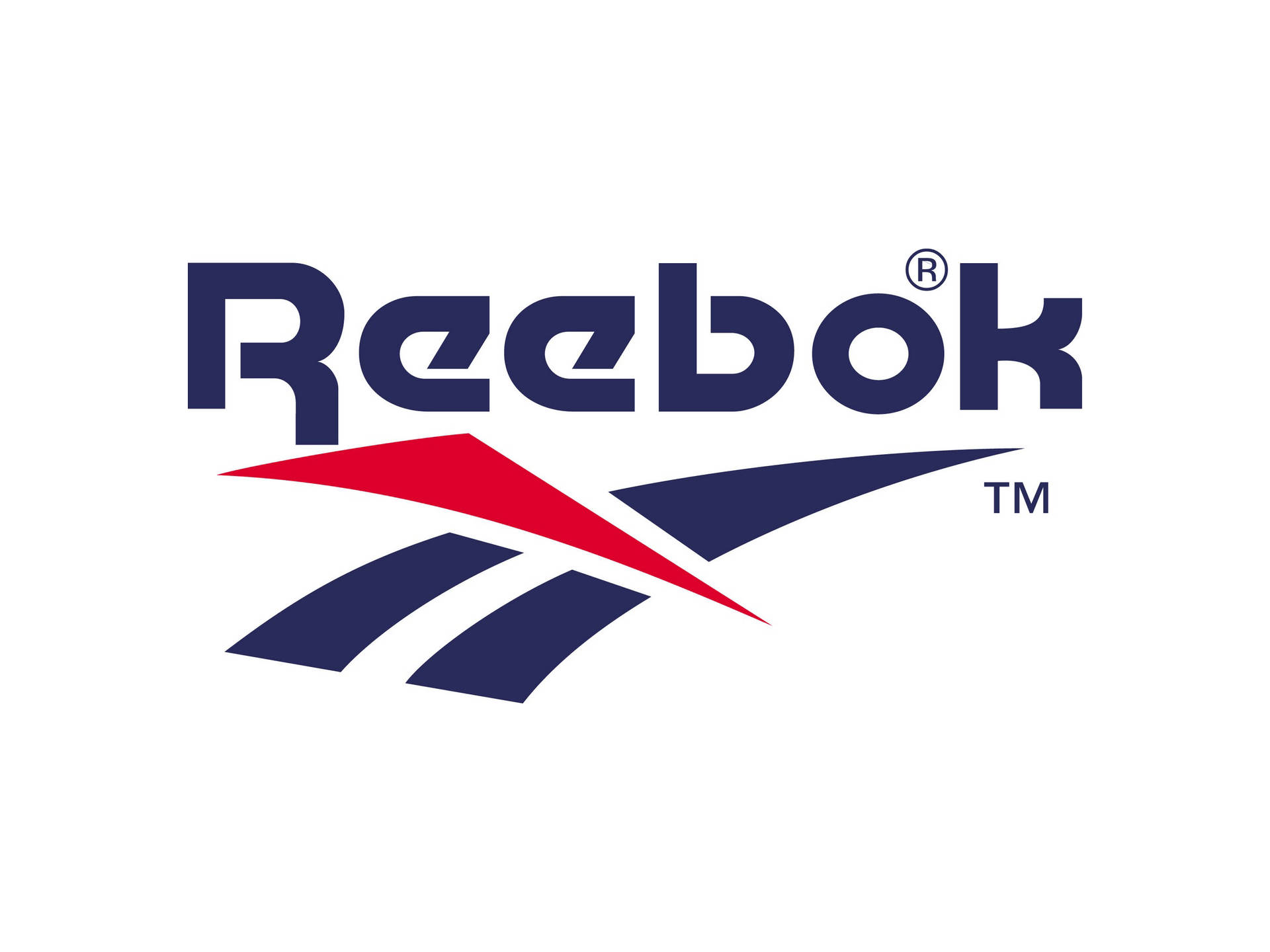 Reebok 品牌標誌，白色背景上有海軍藍文字和紅藍色勾號。