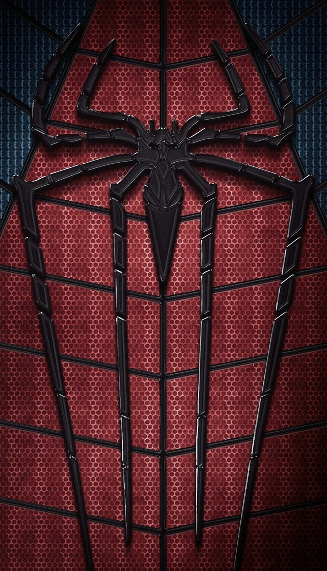 黑色蜘蛛標誌喺紅色紋理西裝上，藍色格仔背景。