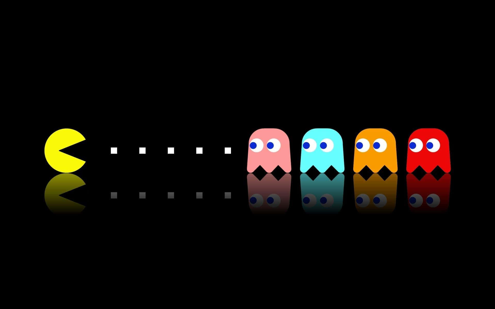 Pacman 與四個鬼魂在黑色反光表面上互相對峙。