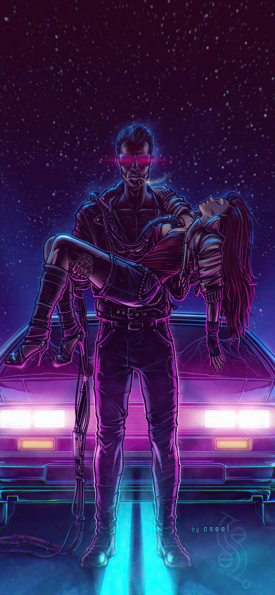 一男一女穿著賽博朋克裝備在星空下的發光汽車上擁抱。