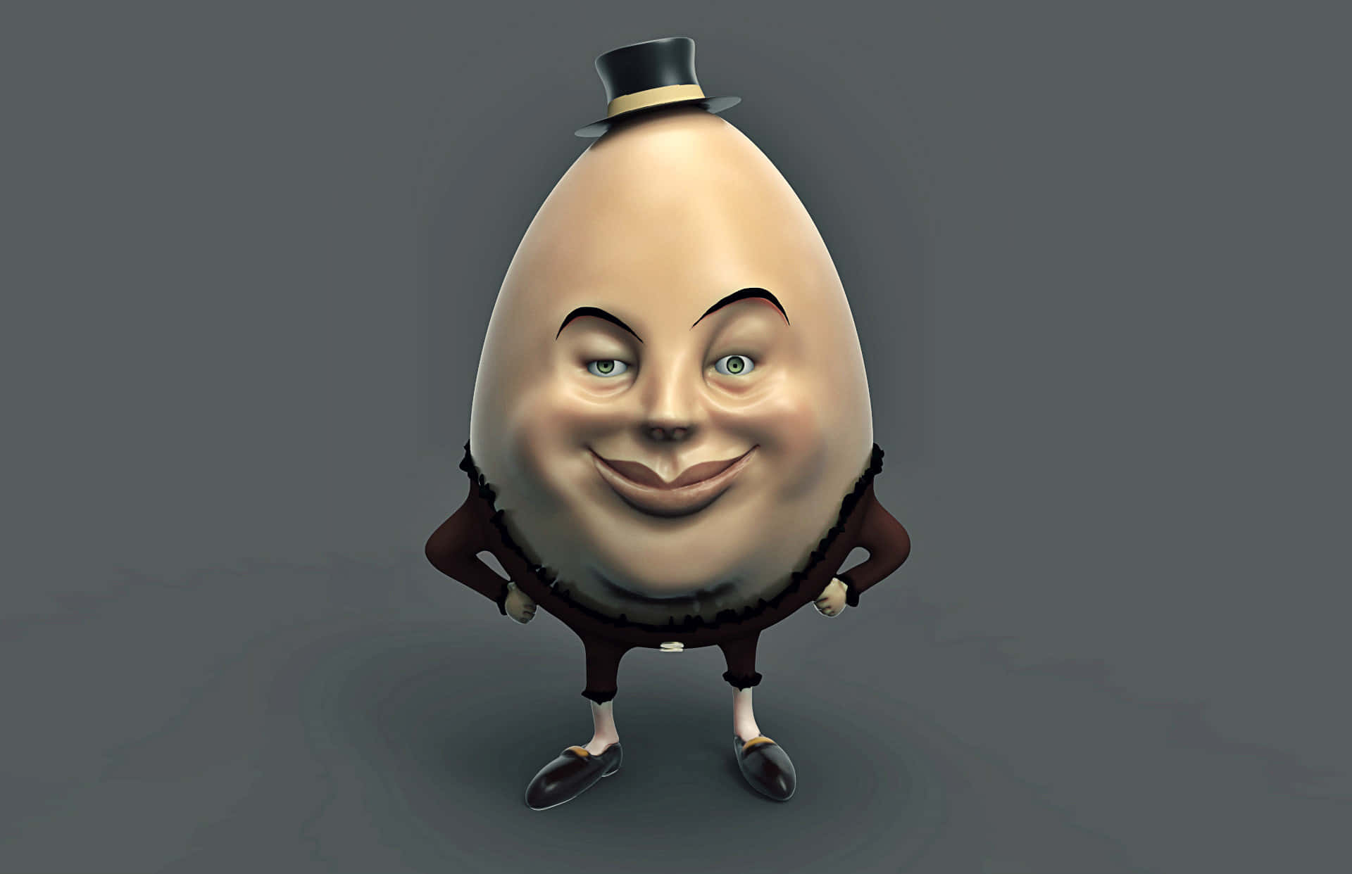經典角色 Humpty Dumpty 的完美插畫 壁紙 — 一個戴著高帽和西裝的快樂擬人化雞蛋，自信地站在純灰色背景前。
