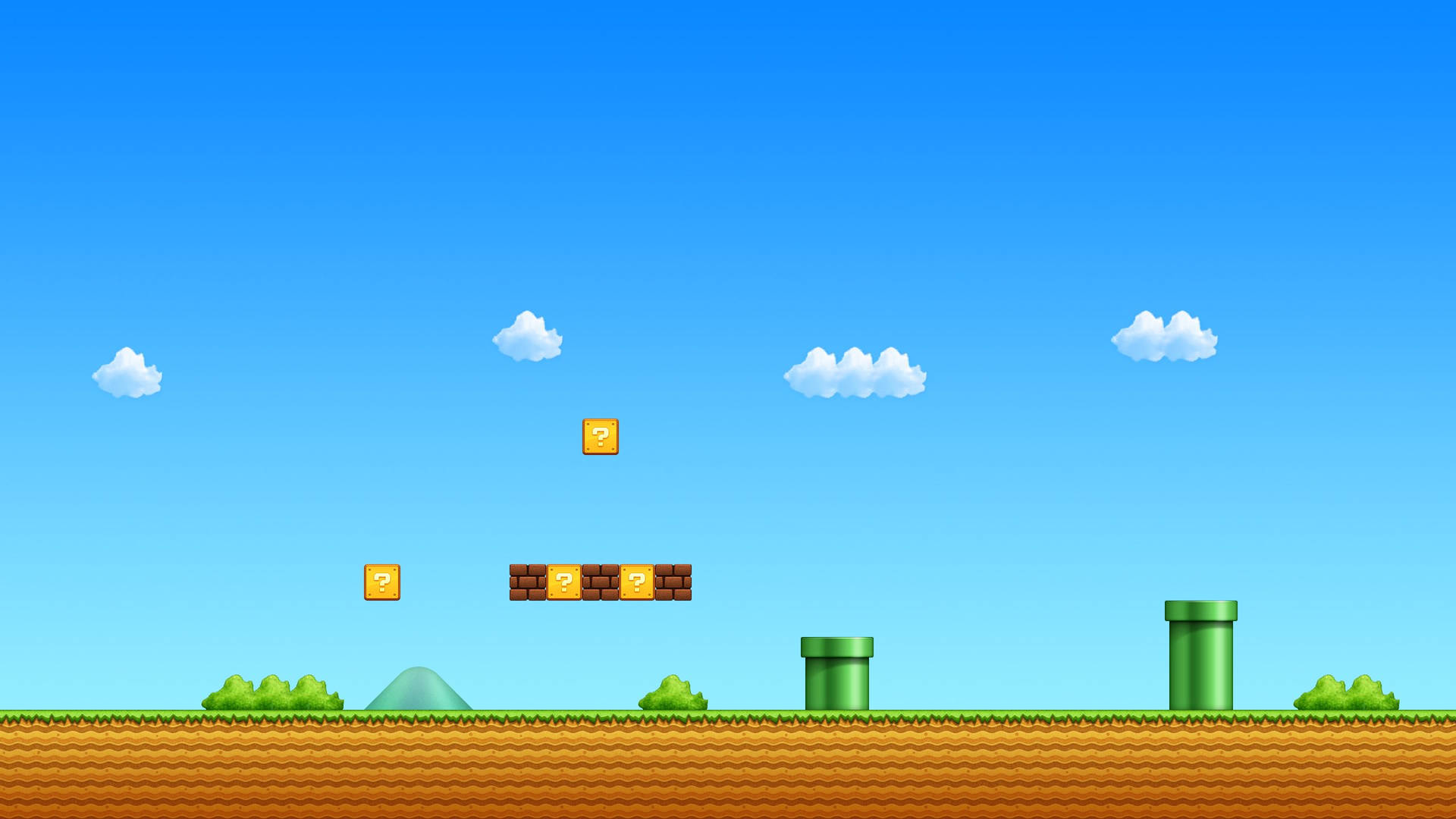 像素化 Mario 遊戲關卡，有管道、問號方塊和磚塊，在藍天下