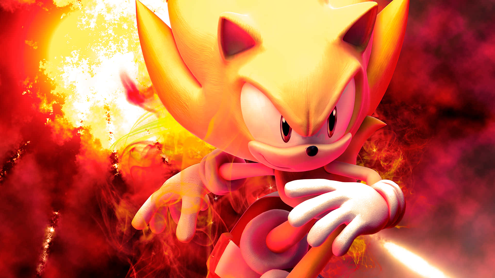 超級形態的Sonic the Hedgehog被火焰和發光的能量包圍。