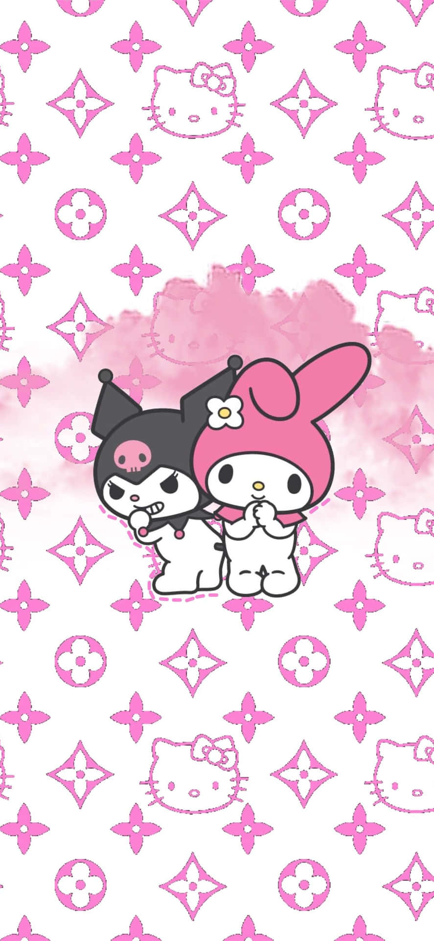 Kuromi和My Melody一起坐在粉紅色圖案背景上。