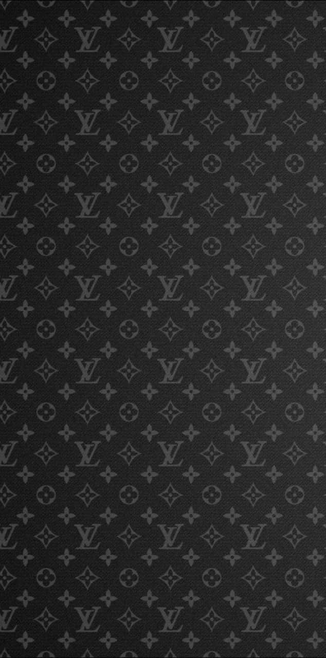 深灰色紋理牆紙，帶有重複的 Louis Vuitton 字母組合圖案。