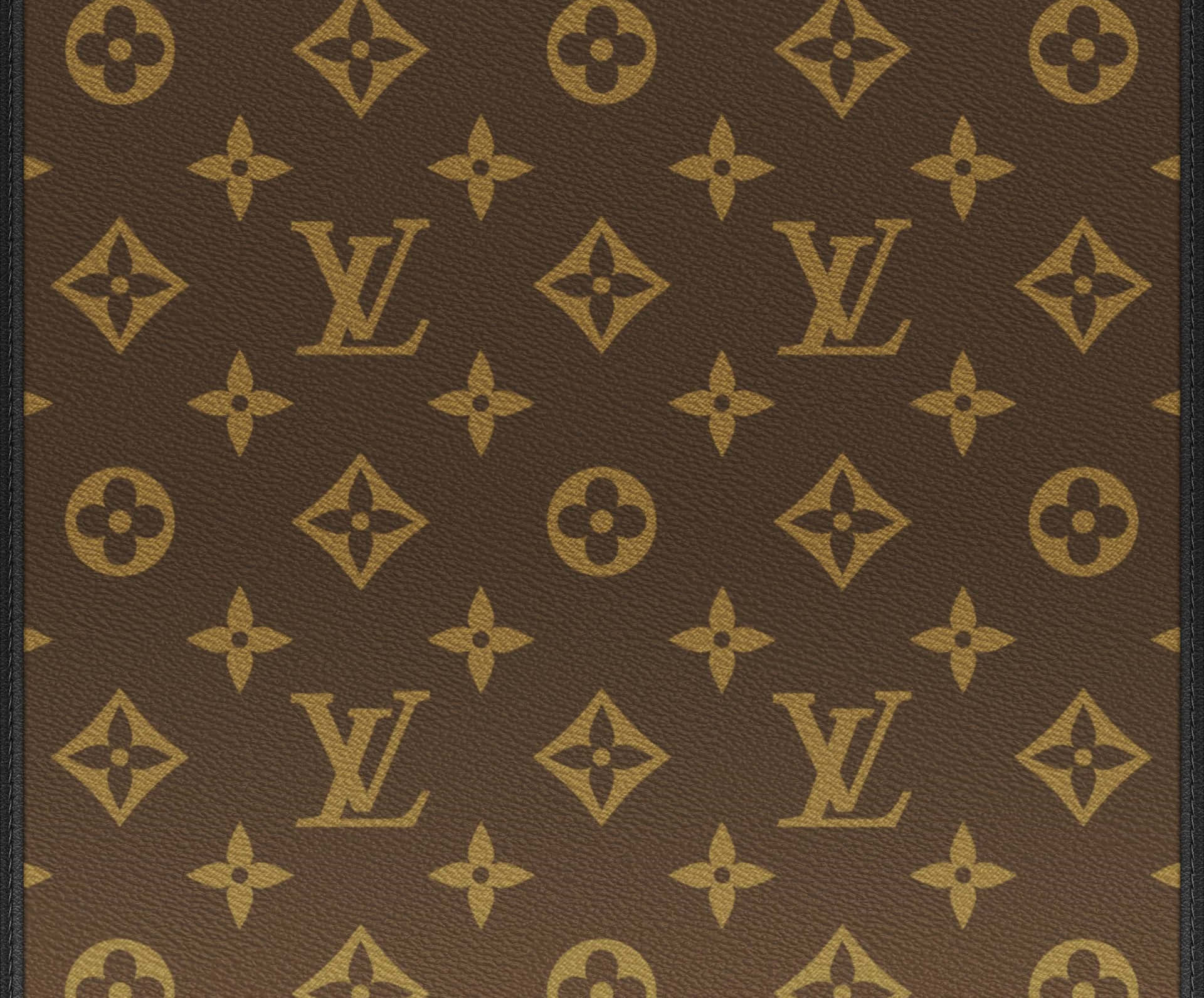 棕色 Louis Vuitton 老花皮革圖案，帶有金色標誌和花卉圖案。