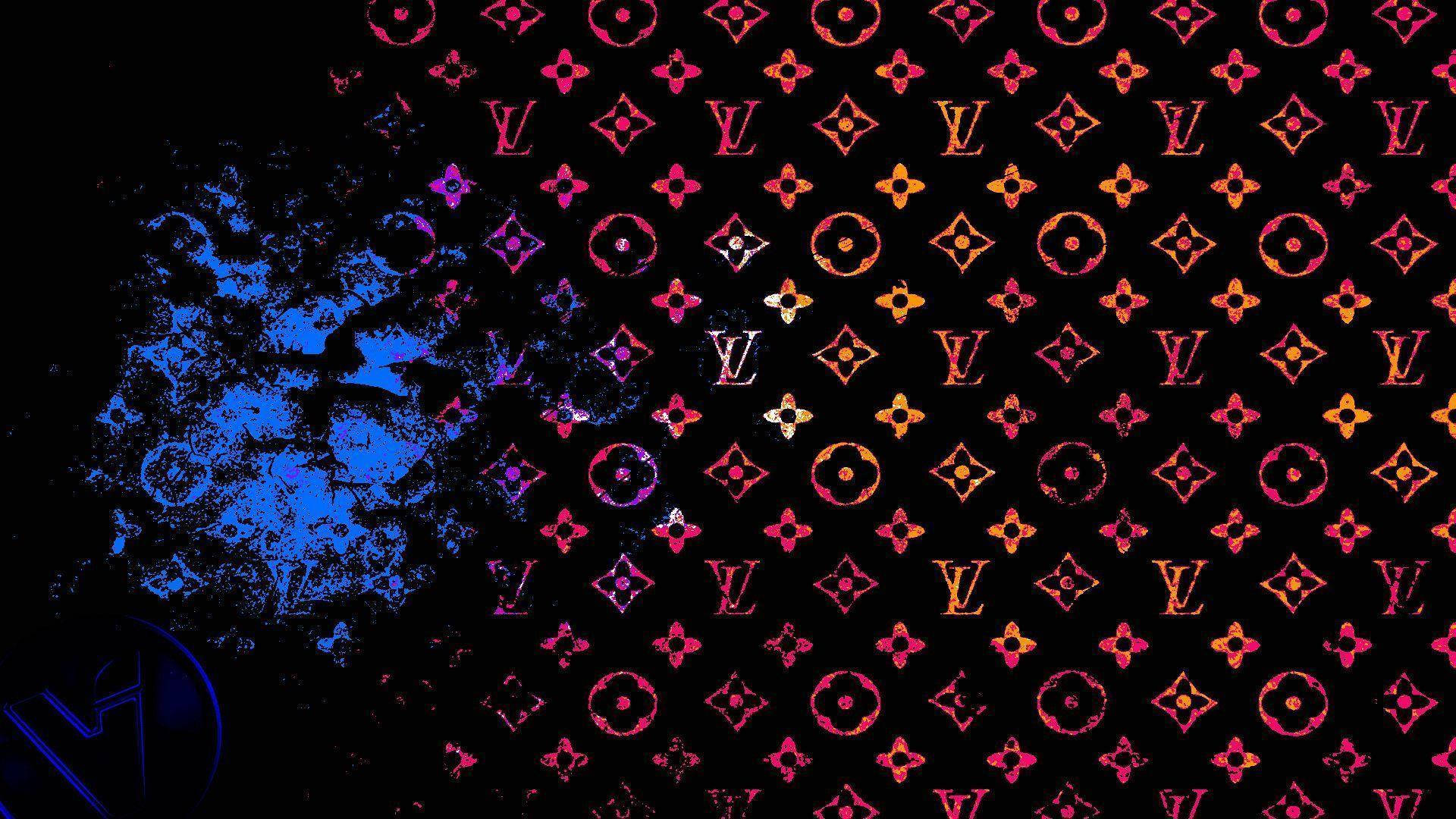 黑色背景上帶有藍色塗鴉飛濺的發光 Louis Vuitton 字母組合圖案。