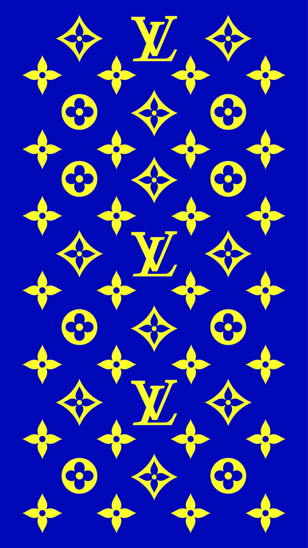 藍色牆紙，帶有重複的黃色 Louis Vuitton 標誌和花卉圖案。