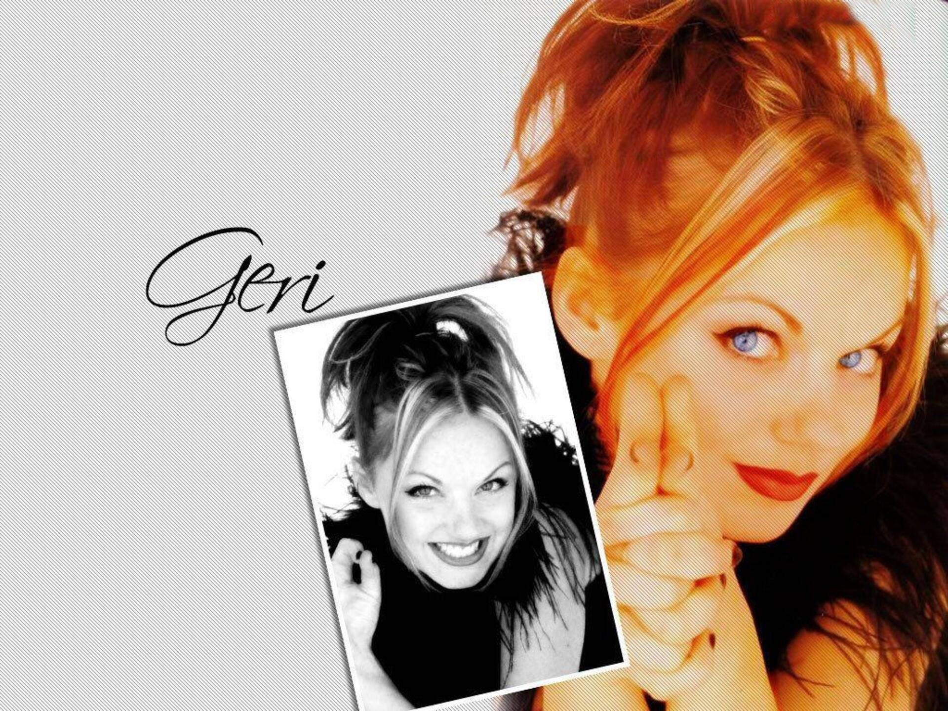 Geri Halliwell 微笑著，紅髮藍眼，手持自己的黑白照片。
