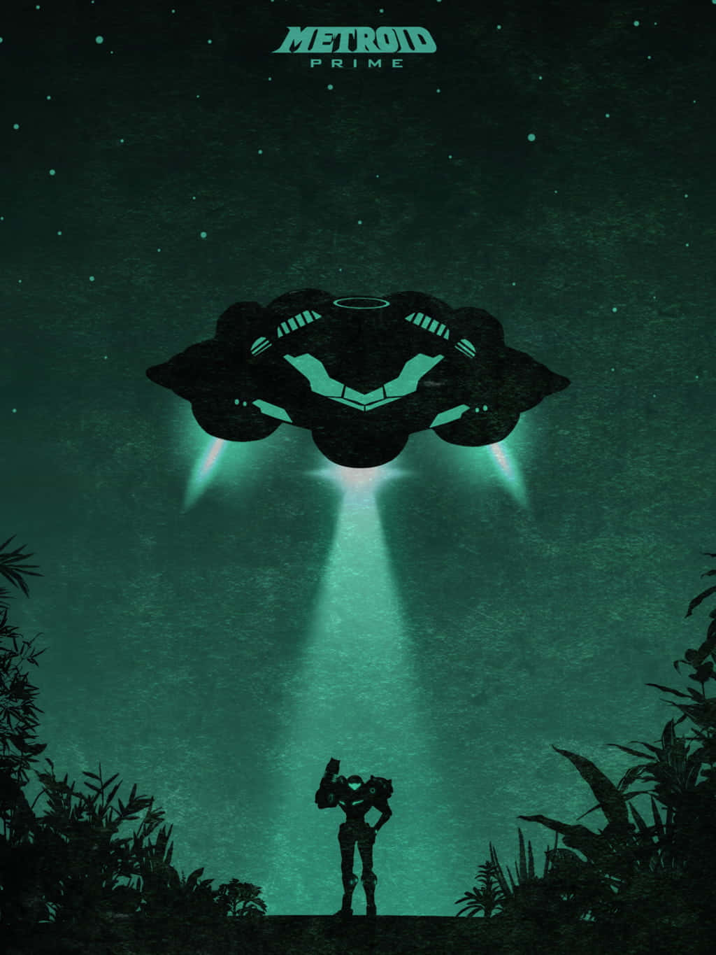 經典遊戲《密特羅德》太空船 壁紙 — 一個孤獨的裝甲人物站在叢林中，一艘發光的外星飛船在上方盤旋，投射出光束。