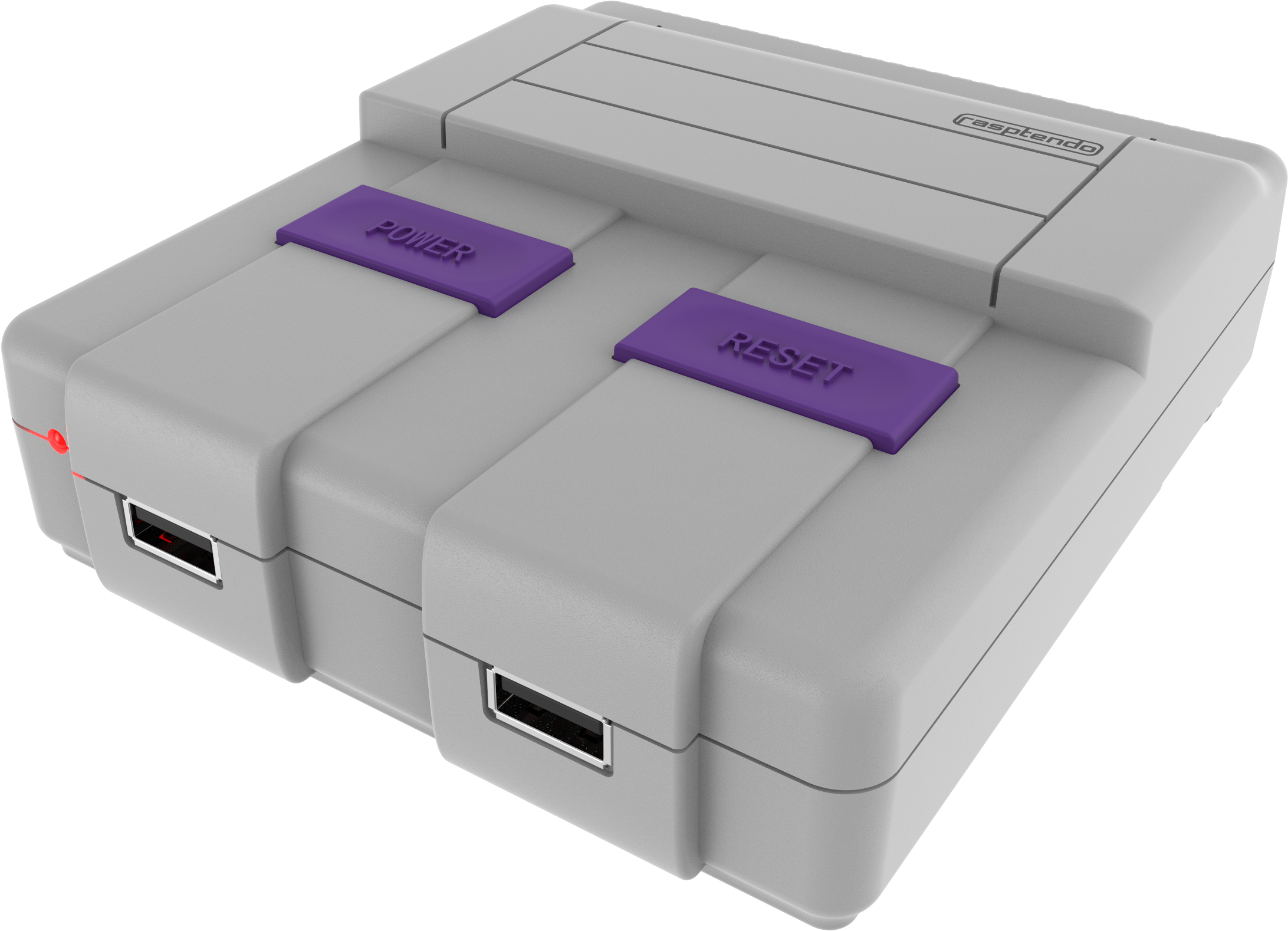 經典遊戲主機3D渲染 壁紙 — 純白色 Nintendo Super Nintendo Entertainment System 主機，帶有紫色電源和重置按鈕，背景為黑色。