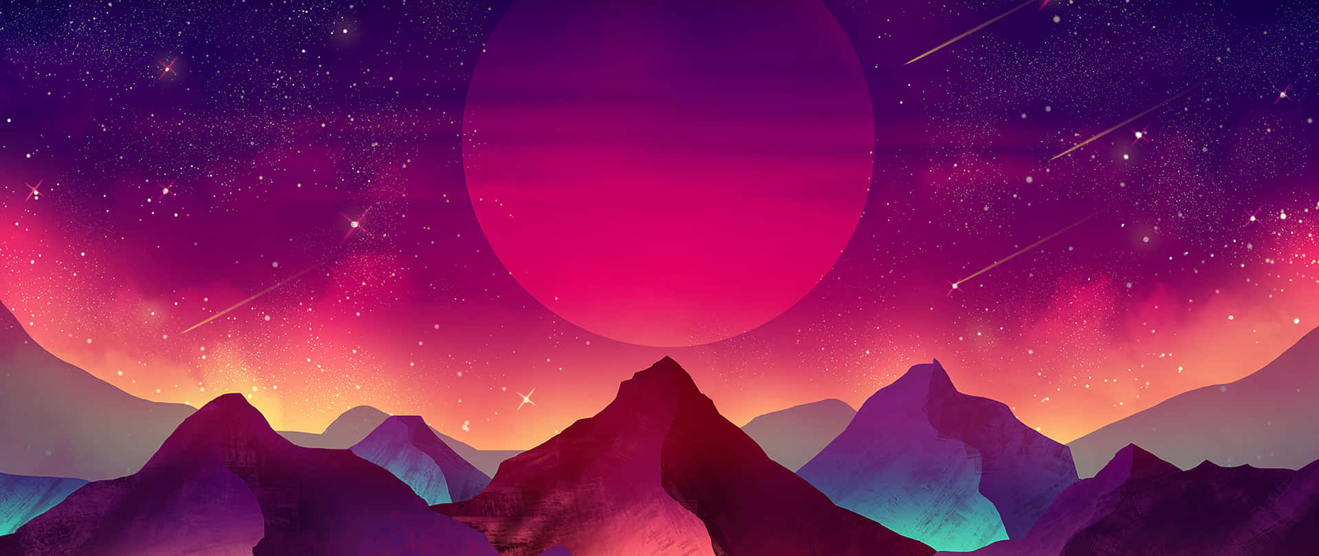 超現實的山脈，在發光的行星和流星下，襯托出充滿活力的夜空。