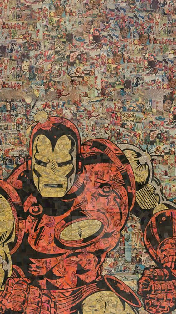 帶有紅色、金色和黑色色調的鐵甲奇俠漫畫拼貼藝術作品。