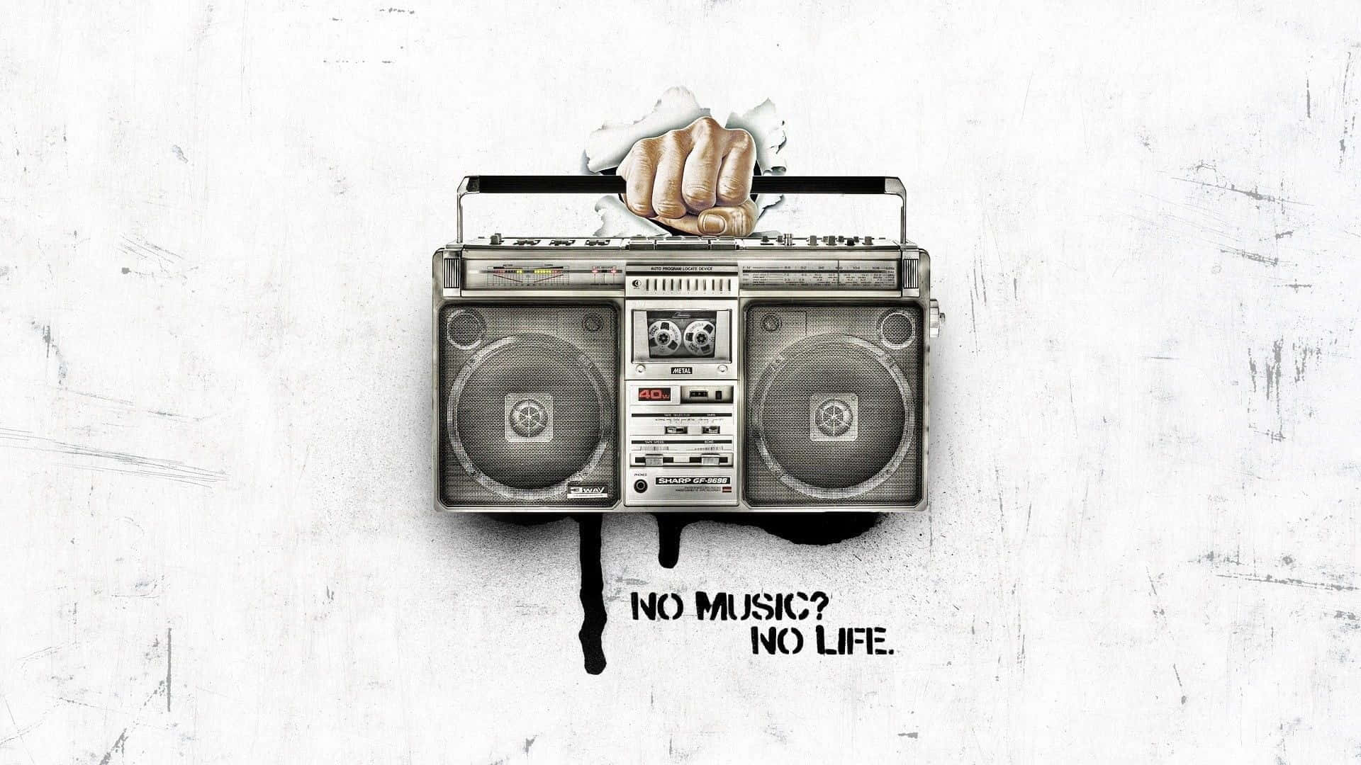 拳頭擊穿音箱，文字寫著 no music no life。