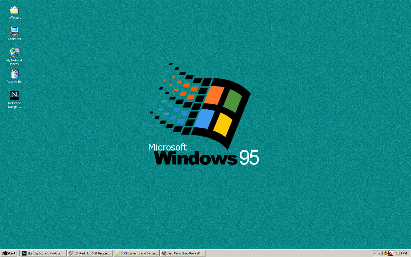 Windows 95 動態圖 桌布 壁紙 — 經典青綠色 Windows 95 桌面壁紙，帶有標誌性標誌和復古開始功能表。