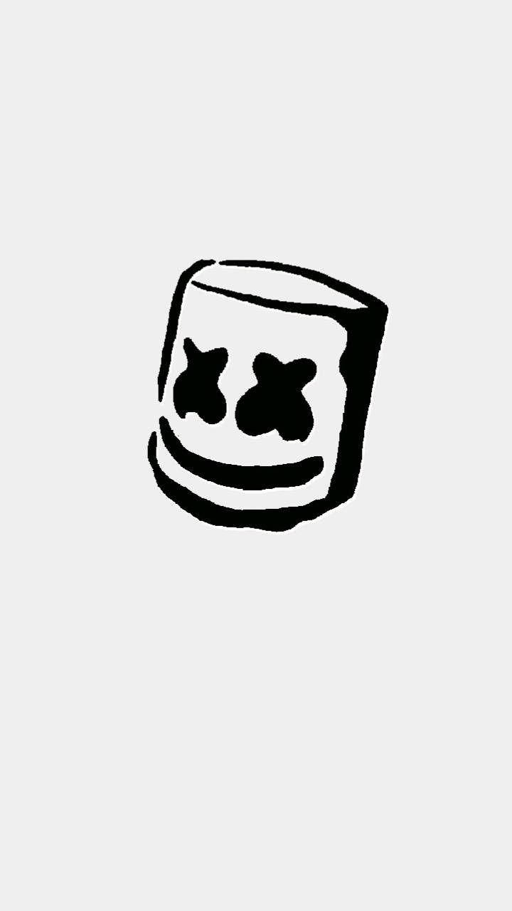 經典頭盔Marshmello iPhone壁紙 壁紙 — 淺灰色背景上，一個方形頭盔帶有X眼睛和微笑的極簡黑色線條畫。
