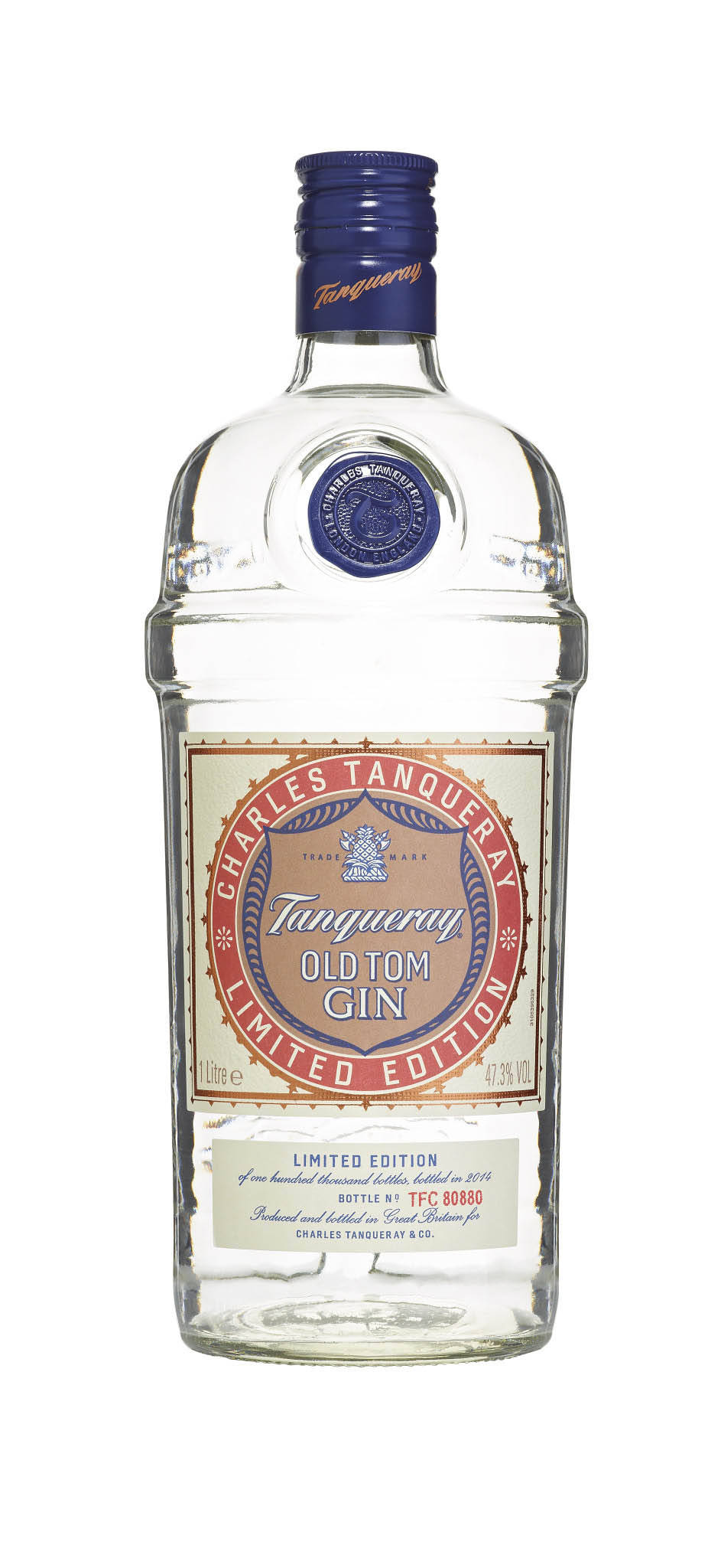 經典風味——Tanqueray Old Tom金酒 壁紙 — 一個透明玻璃瓶的Tanqueray Old Tom Gin Limited Edition，帶有藍色蓋子和詳細的復古標籤，背景為白色。