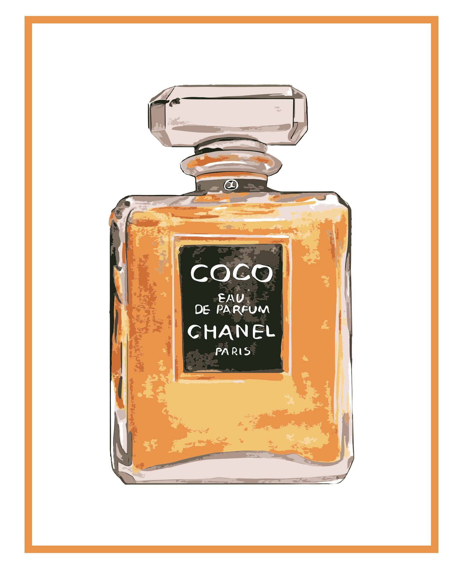 經典香奈兒標誌 壁紙 — 以紋理橙黃色和米色調呈現的復古 Chanel Coco Eau de Parfum 香水瓶，搭配簡約白色背景。